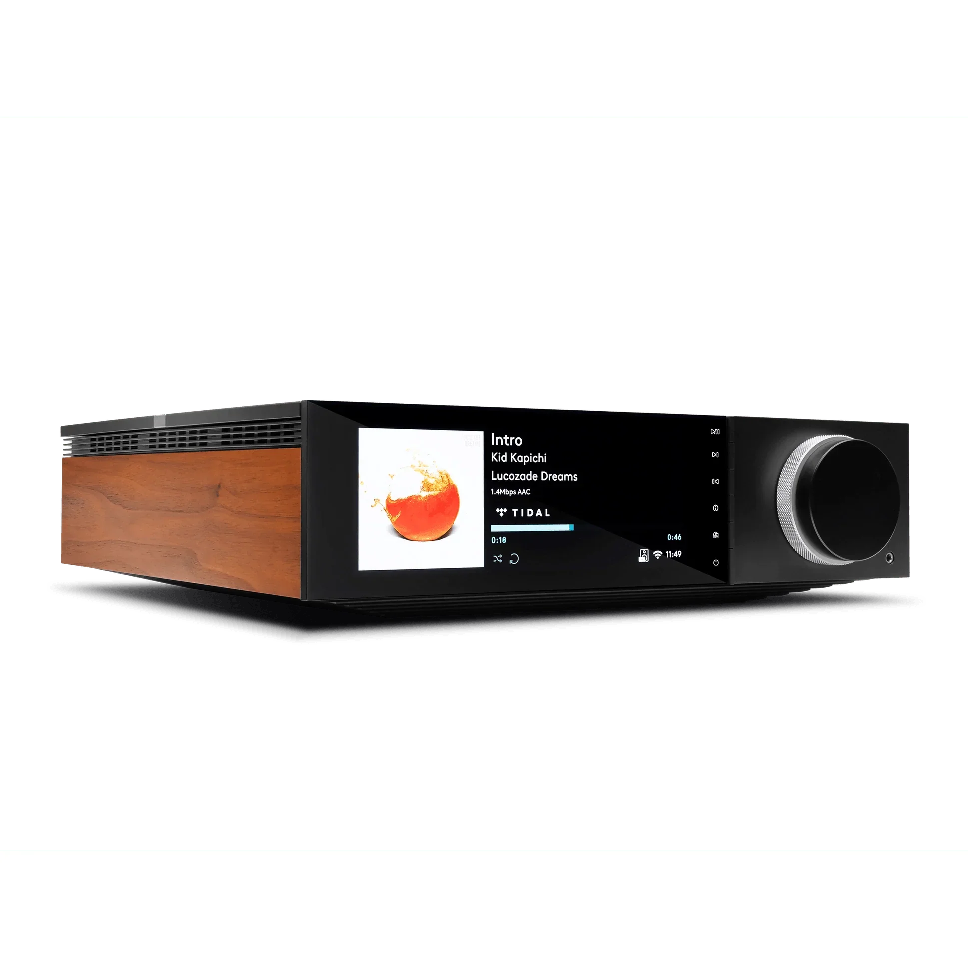 Moderne audio-ontvanger met een digitaal display dat afspeelinformatie weergeeft.