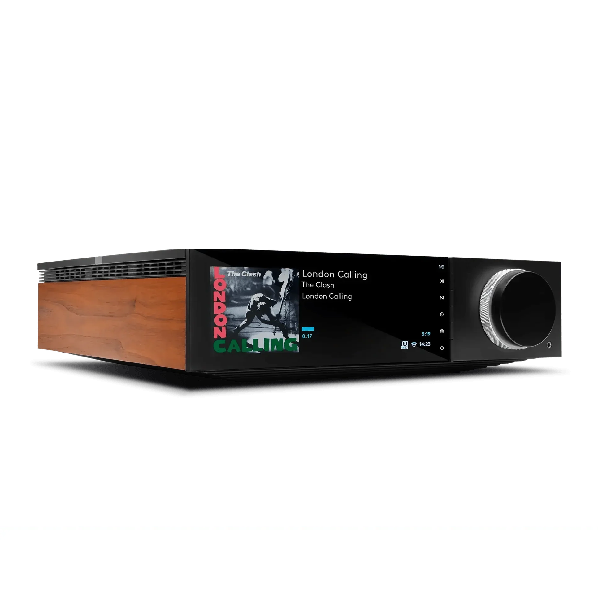 Hoogwaardige audio-ontvanger met een digitaal scherm en houten zijpanelen.